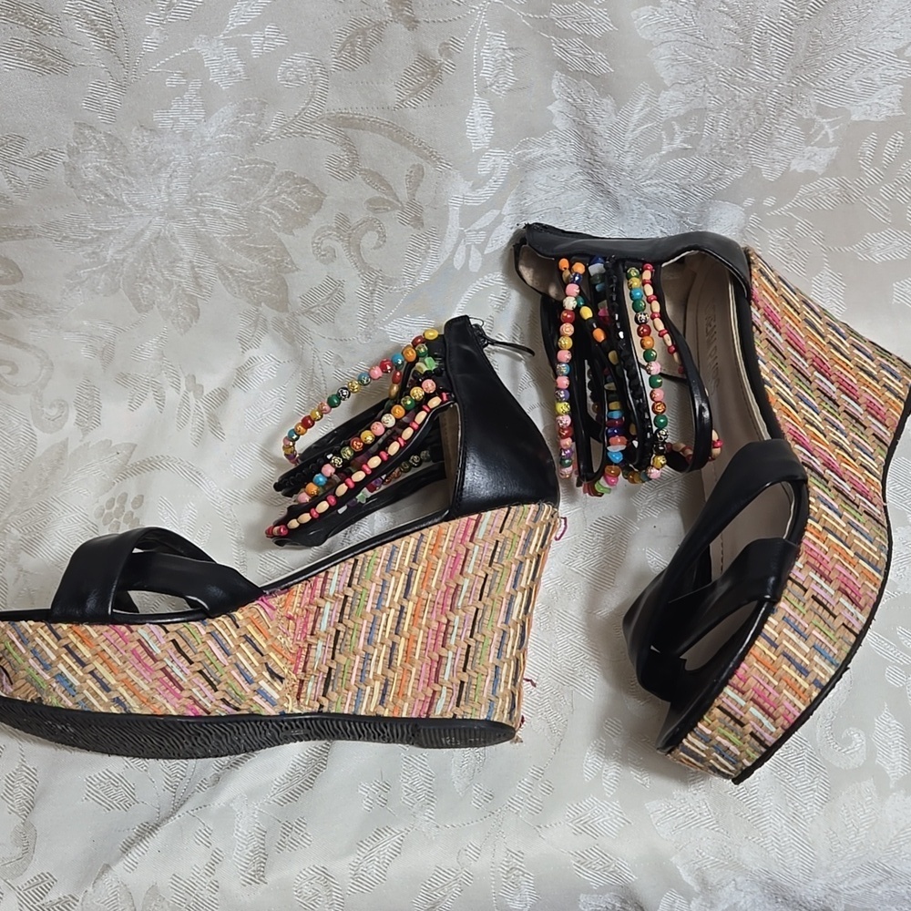Dream Pairs Colorful Beaded Ankle Black Wedge Sandals - Picture 4 of 9
